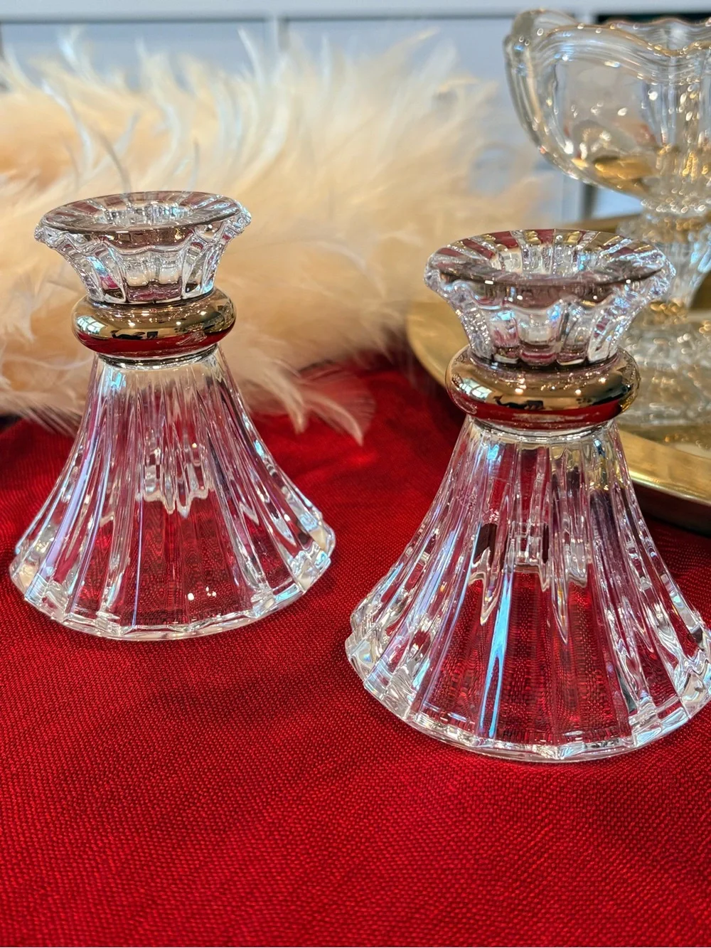 Vintage Cristal d’Arques Eventail Gold Band Crystal Candlestick Holders Pair